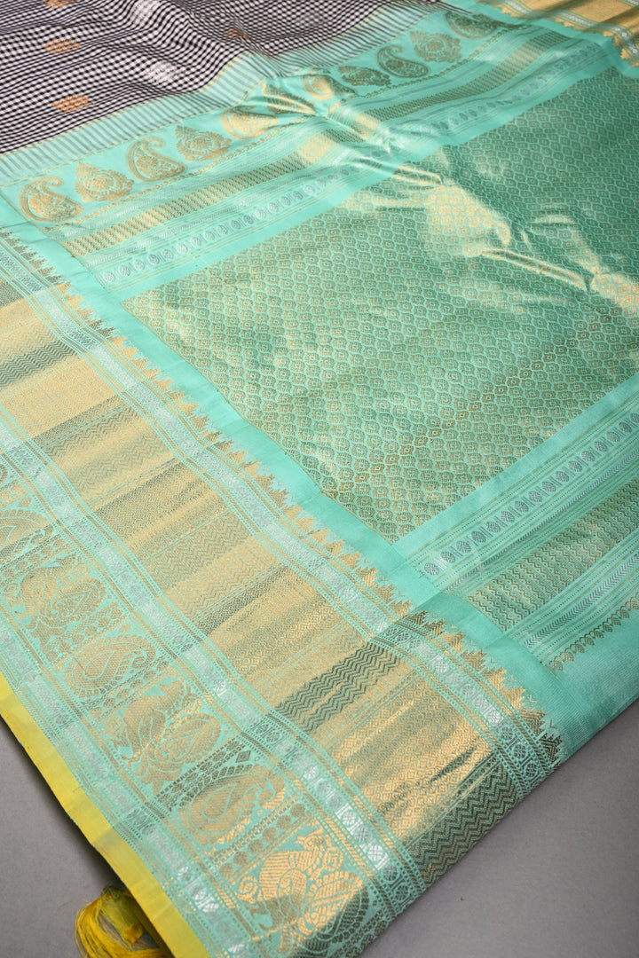 Black-White Checks Pattern on Pure Gadwal Silk Saree with Gold-Silver Zari Buttas and Contrast Wide Zari Border | SILK MARK CERTIFIED | SHOBITAM