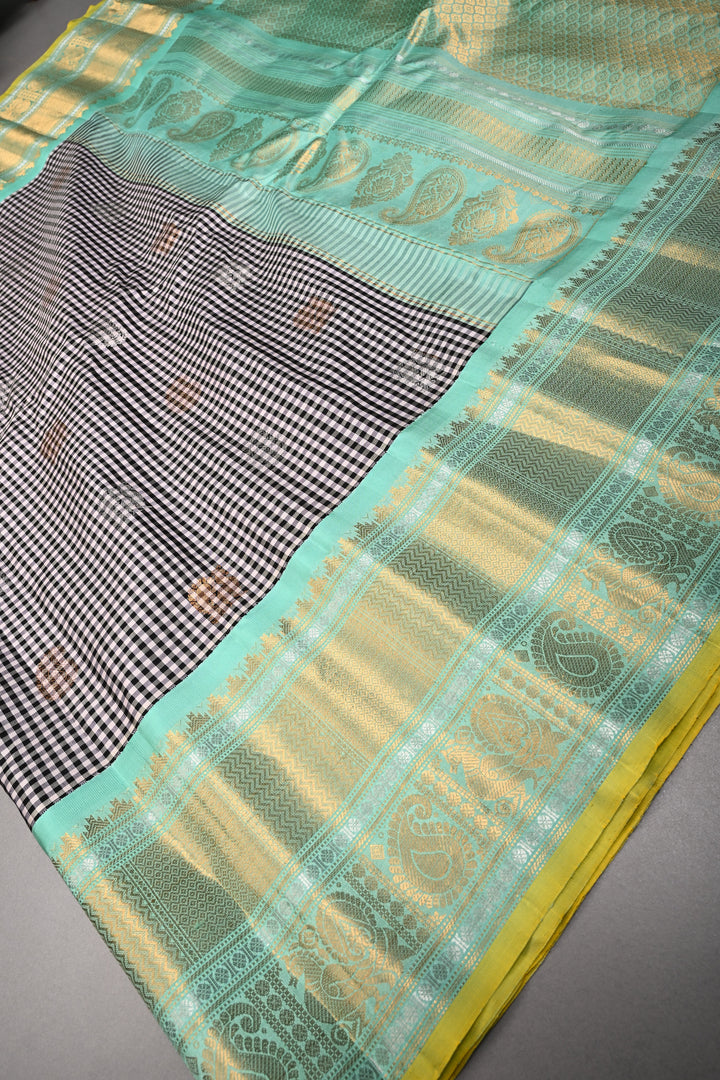 Black-White Checks Pattern on Pure Gadwal Silk Saree with Gold-Silver Zari Buttas and Contrast Wide Zari Border | SILK MARK CERTIFIED | SHOBITAM