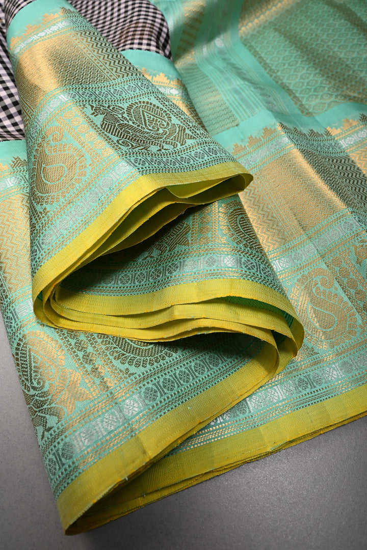 Black-White Checks Pattern on Pure Gadwal Silk Saree with Gold-Silver Zari Buttas and Contrast Wide Zari Border | SILK MARK CERTIFIED | SHOBITAM