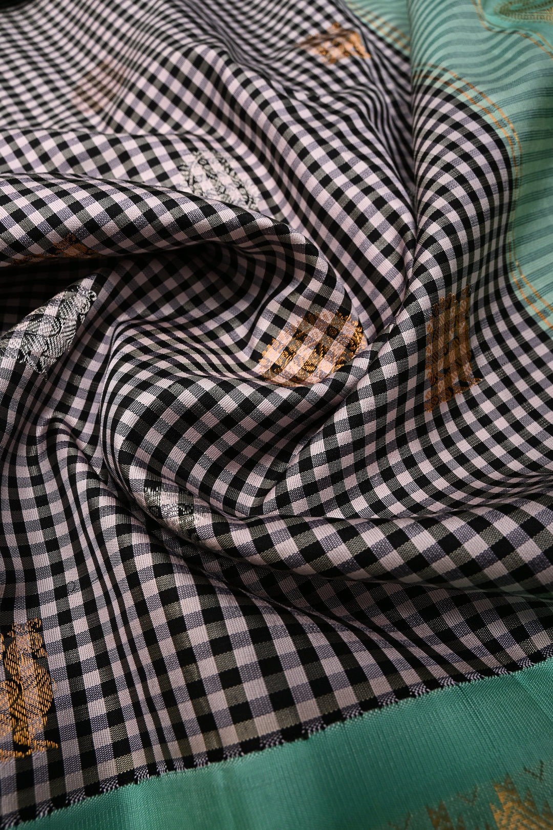 Black-White Checks Pattern on Pure Gadwal Silk Saree with Gold-Silver Zari Buttas and Contrast Wide Zari Border | SILK MARK CERTIFIED | SHOBITAM