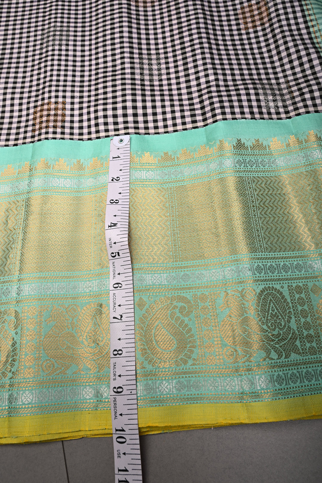 Black-White Checks Pattern on Pure Gadwal Silk Saree with Gold-Silver Zari Buttas and Contrast Wide Zari Border | SILK MARK CERTIFIED | SHOBITAM