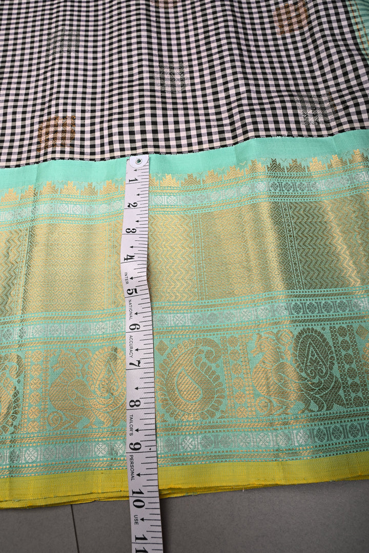 Black-White Checks Pattern on Pure Gadwal Silk Saree with Gold-Silver Zari Buttas and Contrast Wide Zari Border | SILK MARK CERTIFIED | SHOBITAM
