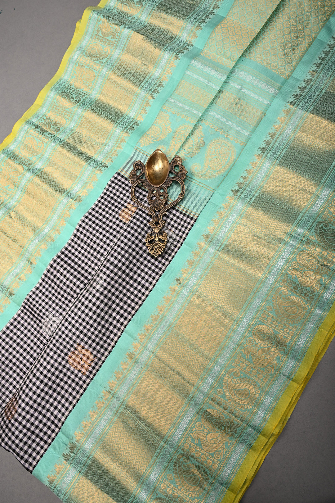 Black-White Checks Pattern on Pure Gadwal Silk Saree with Gold-Silver Zari Buttas and Contrast Wide Zari Border | SILK MARK CERTIFIED | SHOBITAM