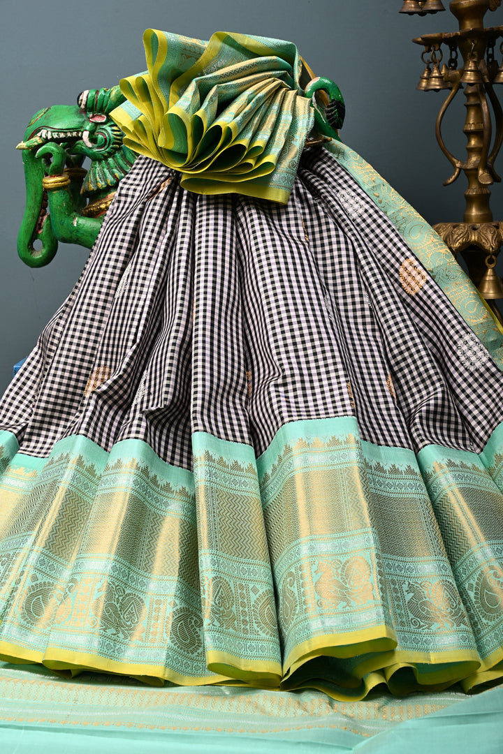 Black-White Checks Pattern on Pure Gadwal Silk Saree with Gold-Silver Zari Buttas and Contrast Wide Zari Border | SILK MARK CERTIFIED | SHOBITAM