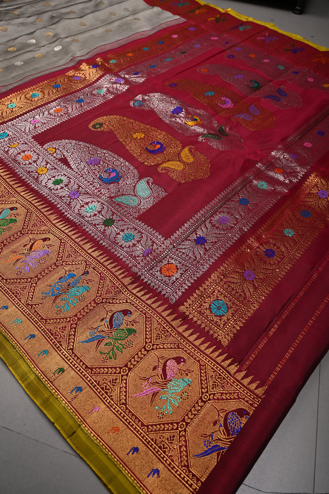 Gray Pure Gadwal Silk Saree with Gold-Silver Zari Buttas and Contrast Meenakari Paithani Style Zari Border | SILK MARK CERTIFIED | SHOBITAM
