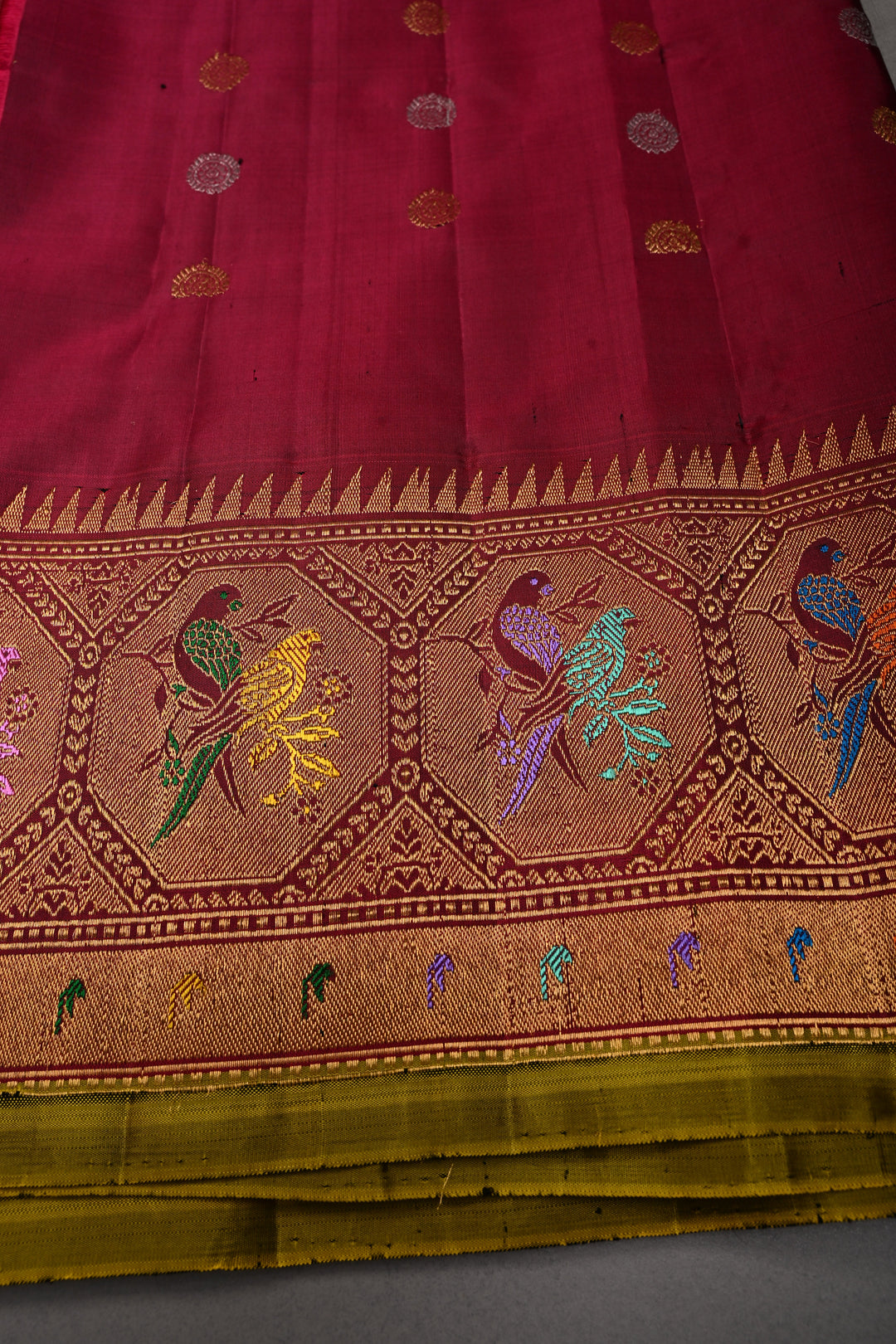Gray Pure Gadwal Silk Saree with Gold-Silver Zari Buttas and Contrast Meenakari Paithani Style Zari Border | SILK MARK CERTIFIED | SHOBITAM