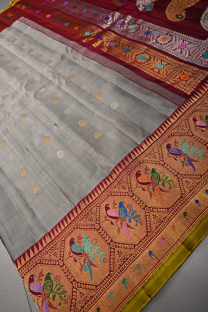 Gray Pure Gadwal Silk Saree with Gold-Silver Zari Buttas and Contrast Meenakari Paithani Style Zari Border | SILK MARK CERTIFIED | SHOBITAM
