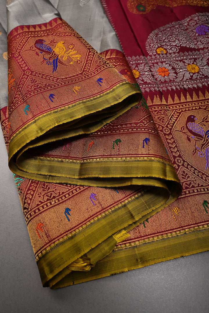 Gray Pure Gadwal Silk Saree with Gold-Silver Zari Buttas and Contrast Meenakari Paithani Style Zari Border | SILK MARK CERTIFIED | SHOBITAM