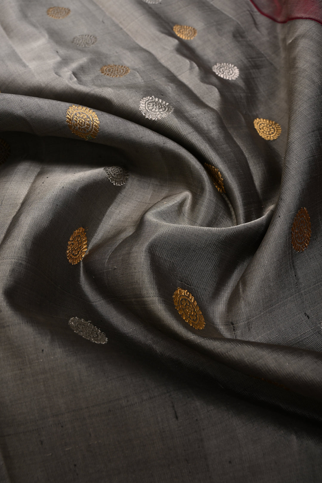Gray Pure Gadwal Silk Saree with Gold-Silver Zari Buttas and Contrast Meenakari Paithani Style Zari Border | SILK MARK CERTIFIED | SHOBITAM