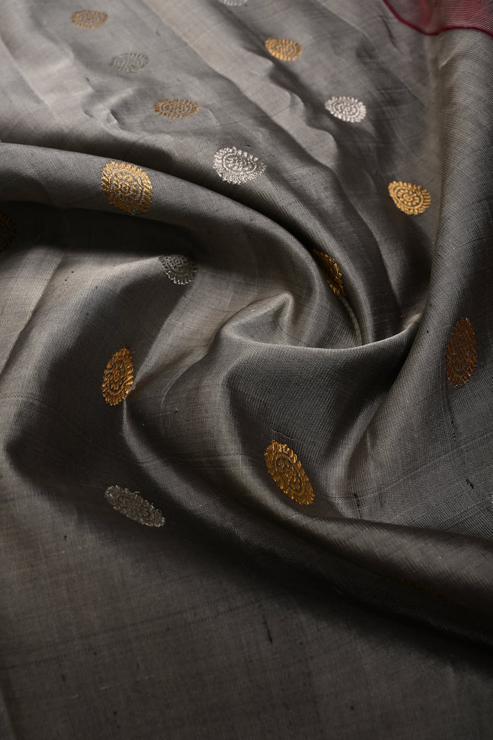 Gray Pure Gadwal Silk Saree with Gold-Silver Zari Buttas and Contrast Meenakari Paithani Style Zari Border | SILK MARK CERTIFIED | SHOBITAM