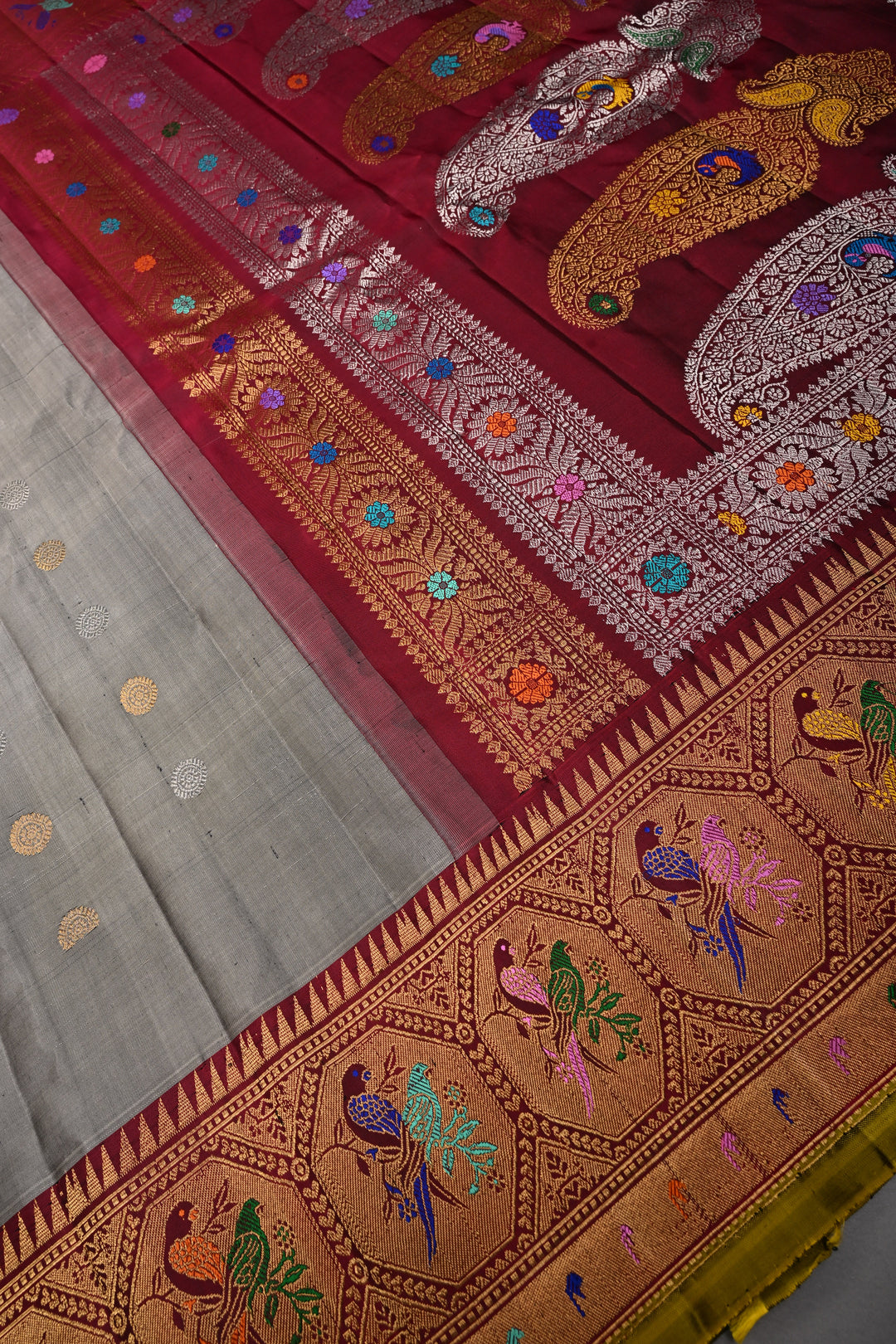 Gray Pure Gadwal Silk Saree with Gold-Silver Zari Buttas and Contrast Meenakari Paithani Style Zari Border | SILK MARK CERTIFIED | SHOBITAM