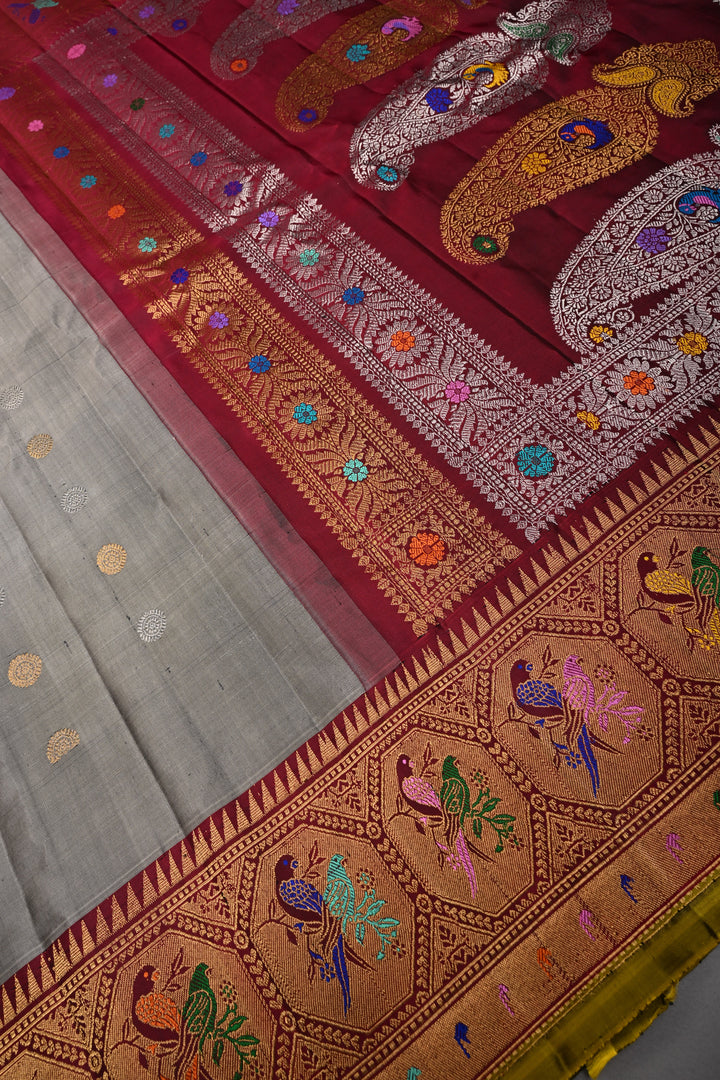 Gray Pure Gadwal Silk Saree with Gold-Silver Zari Buttas and Contrast Meenakari Paithani Style Zari Border | SILK MARK CERTIFIED | SHOBITAM