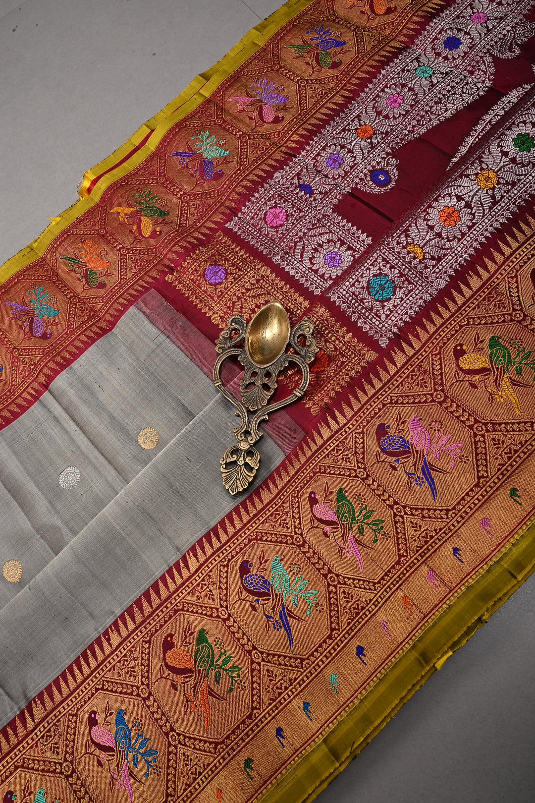 Gray Pure Gadwal Silk Saree with Gold-Silver Zari Buttas and Contrast Meenakari Paithani Style Zari Border | SILK MARK CERTIFIED | SHOBITAM
