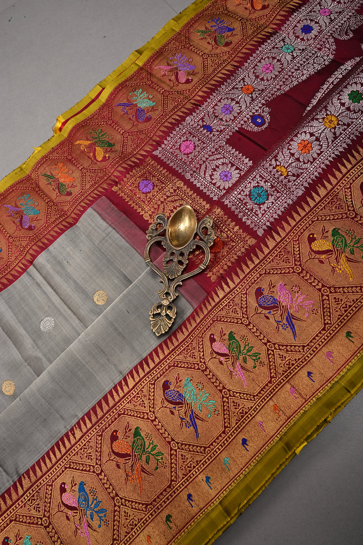 Gray Pure Gadwal Silk Saree with Gold-Silver Zari Buttas and Contrast Meenakari Paithani Style Zari Border | SILK MARK CERTIFIED | SHOBITAM