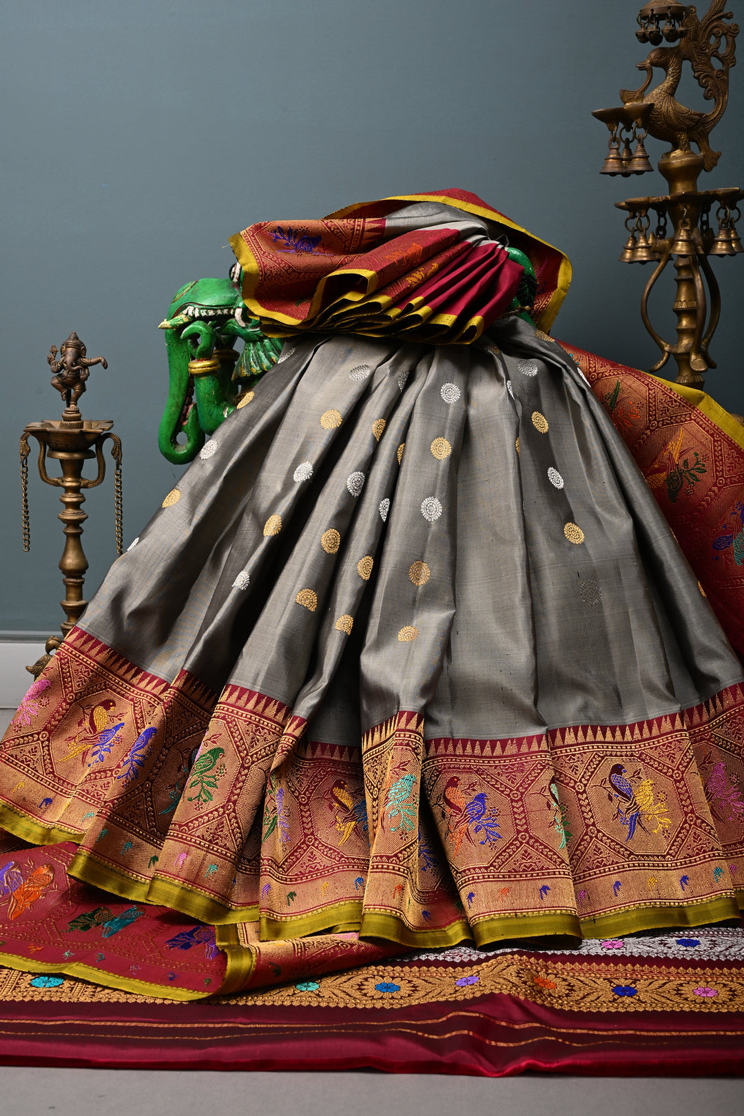 Gray Pure Gadwal Silk Saree with Gold-Silver Zari Buttas and Contrast Meenakari Paithani Style Zari Border | SILK MARK CERTIFIED | SHOBITAM