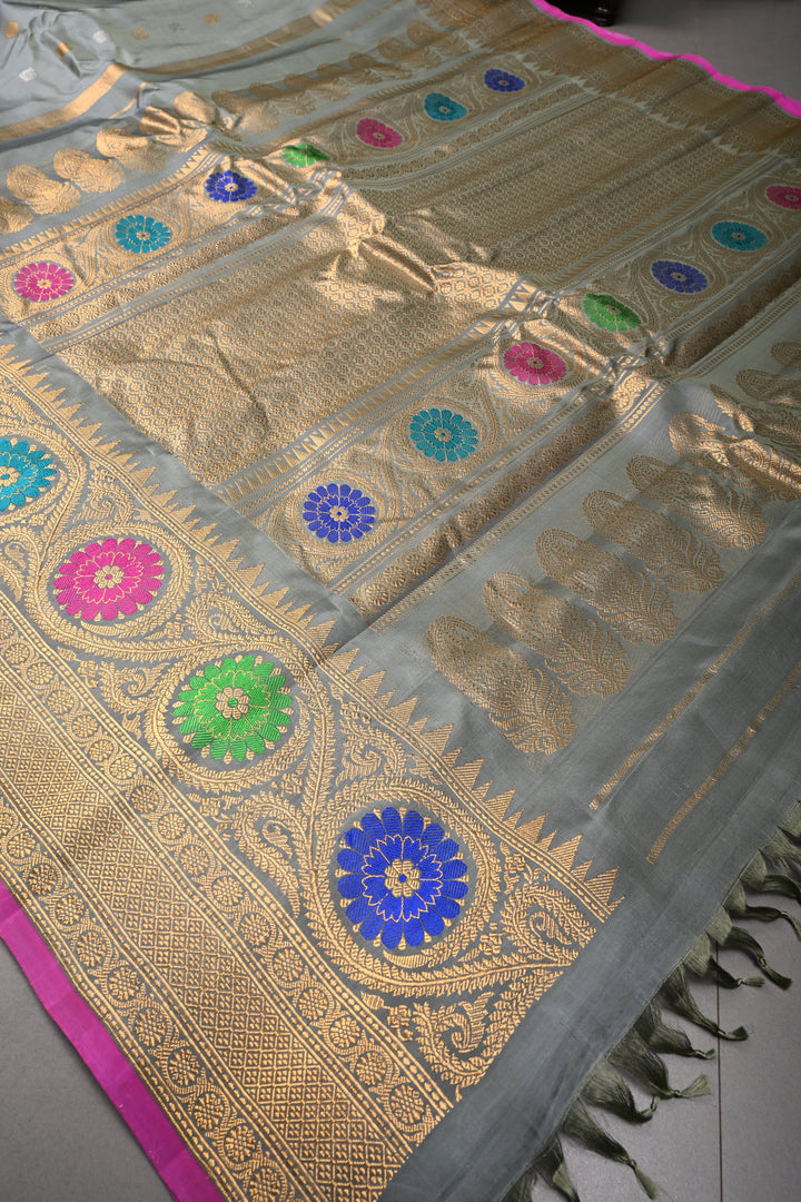 Sage Green Gadwal silk Saree with gold silver buttas and meenakari Border, Pallu | SILK MARK CERTIFIED | SHOBITAM