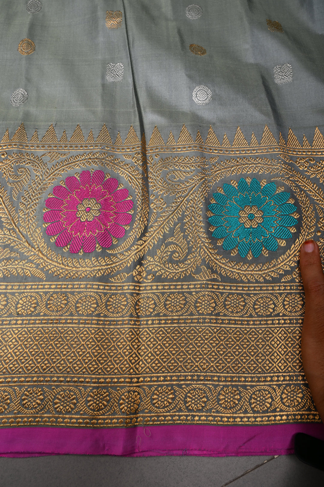 Sage Green Gadwal silk Saree with gold silver buttas and meenakari Border, Pallu | SILK MARK CERTIFIED | SHOBITAM