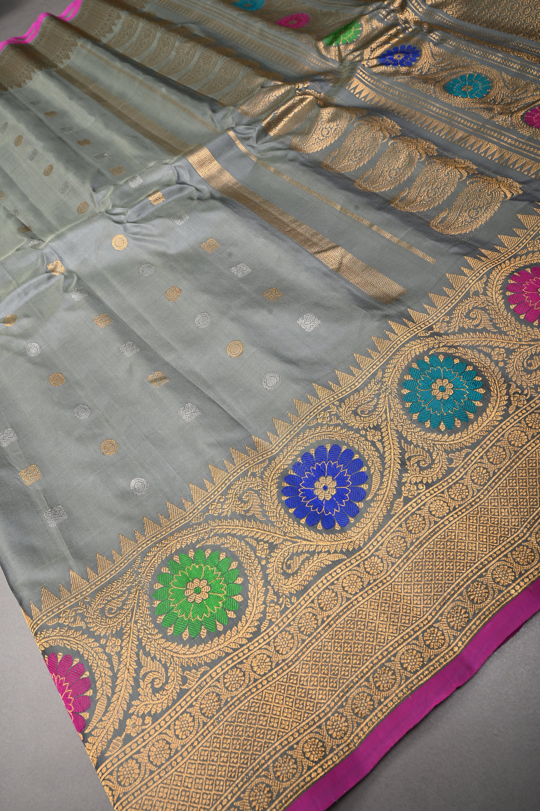 Sage Green Gadwal silk Saree with gold silver buttas and meenakari Border, Pallu | SILK MARK CERTIFIED | SHOBITAM