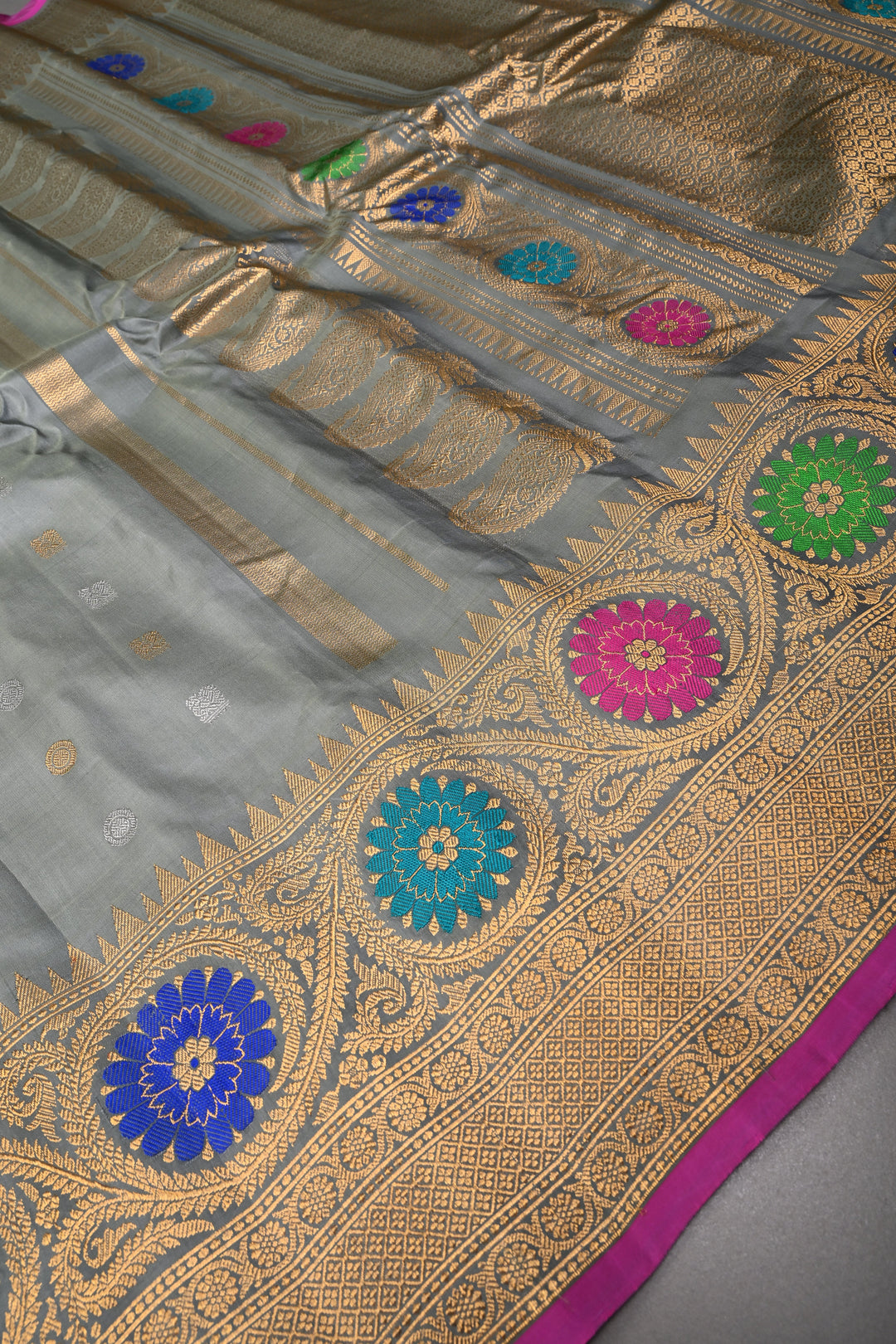 Sage Green Gadwal silk Saree with gold silver buttas and meenakari Border, Pallu | SILK MARK CERTIFIED | SHOBITAM