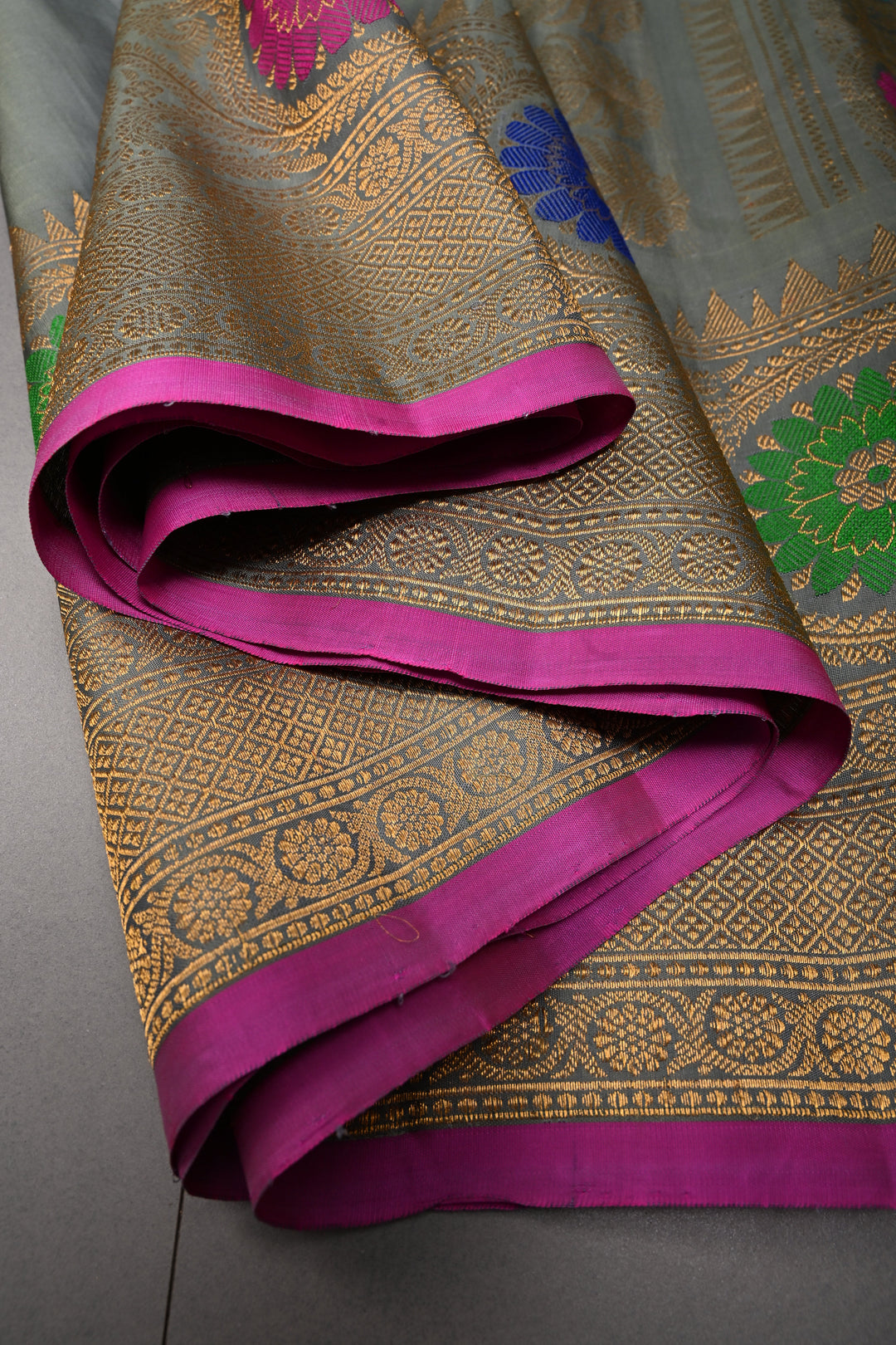 Sage Green Gadwal silk Saree with gold silver buttas and meenakari Border, Pallu | SILK MARK CERTIFIED | SHOBITAM