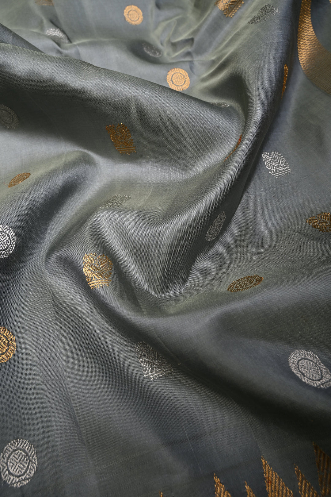 Sage Green Gadwal silk Saree with gold silver buttas and meenakari Border, Pallu | SILK MARK CERTIFIED | SHOBITAM
