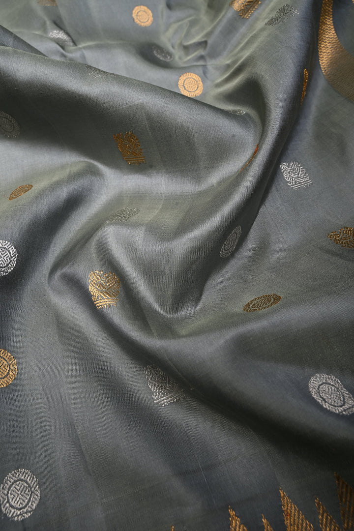 Sage Green Gadwal silk Saree with gold silver buttas and meenakari Border, Pallu | SILK MARK CERTIFIED | SHOBITAM