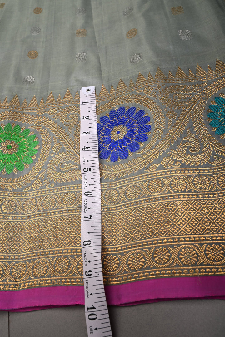 Sage Green Gadwal silk Saree with gold silver buttas and meenakari Border, Pallu | SILK MARK CERTIFIED | SHOBITAM