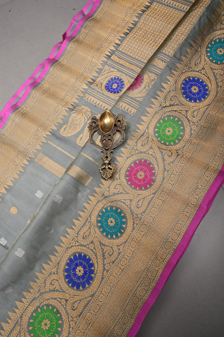 Sage Green Gadwal silk Saree with gold silver buttas and meenakari Border, Pallu | SILK MARK CERTIFIED | SHOBITAM