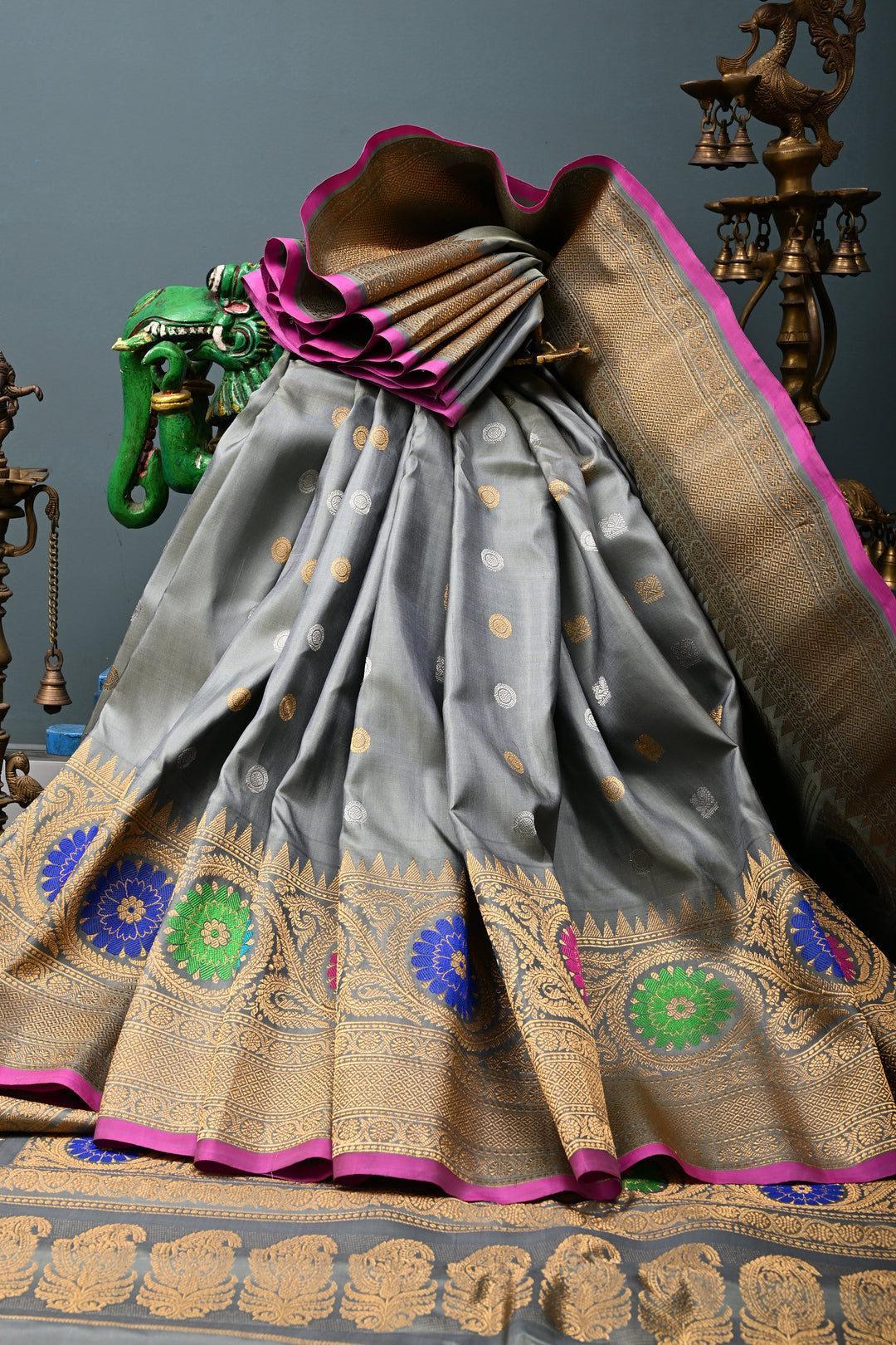 Sage Green Gadwal silk Saree with gold silver buttas and meenakari Border, Pallu | SILK MARK CERTIFIED | SHOBITAM