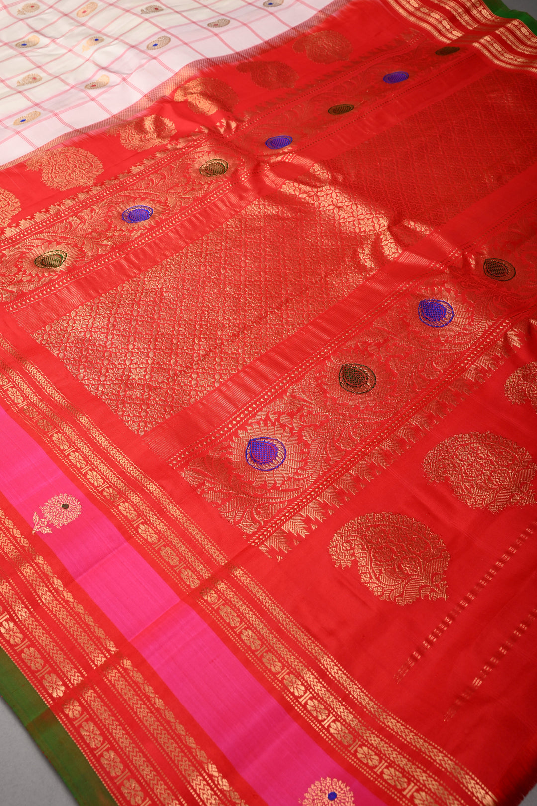 Off White Checks Pattern on Pure Gadwal Silk Saree with Meenakari Paisley Buttas and Contrast 2 tone Zari Border | SILK MARK CERTIFIED | SHOBITAM