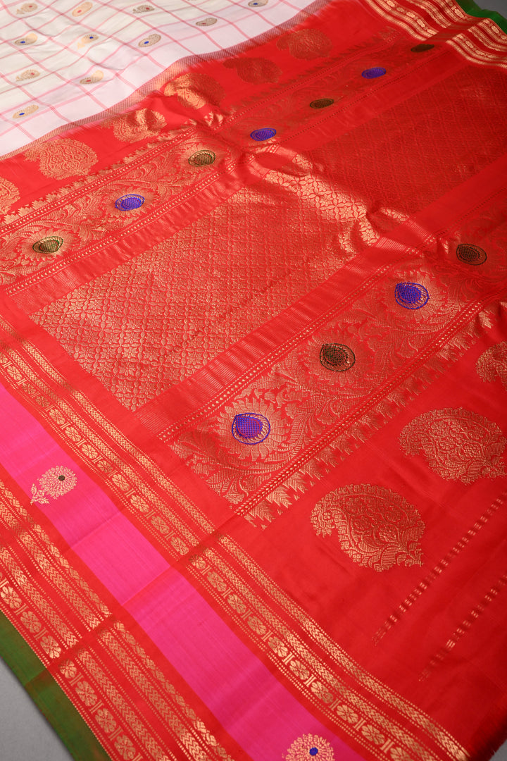 Off White Checks Pattern on Pure Gadwal Silk Saree with Meenakari Paisley Buttas and Contrast 2 tone Zari Border | SILK MARK CERTIFIED | SHOBITAM