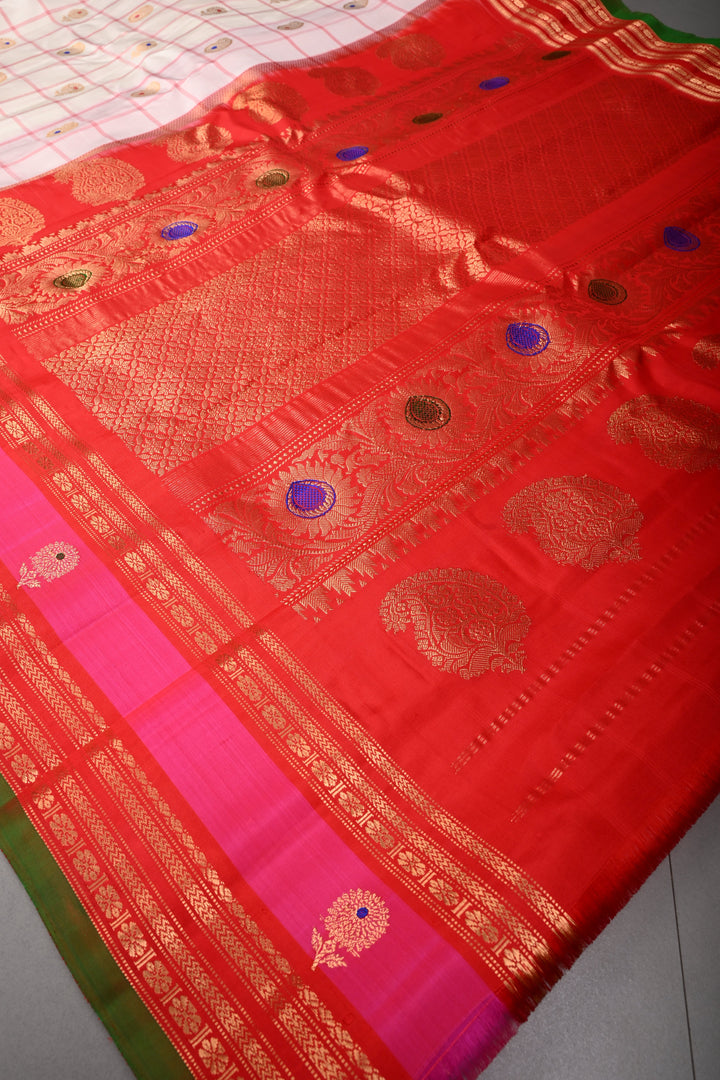 Off White Checks Pattern on Pure Gadwal Silk Saree with Meenakari Paisley Buttas and Contrast 2 tone Zari Border | SILK MARK CERTIFIED | SHOBITAM
