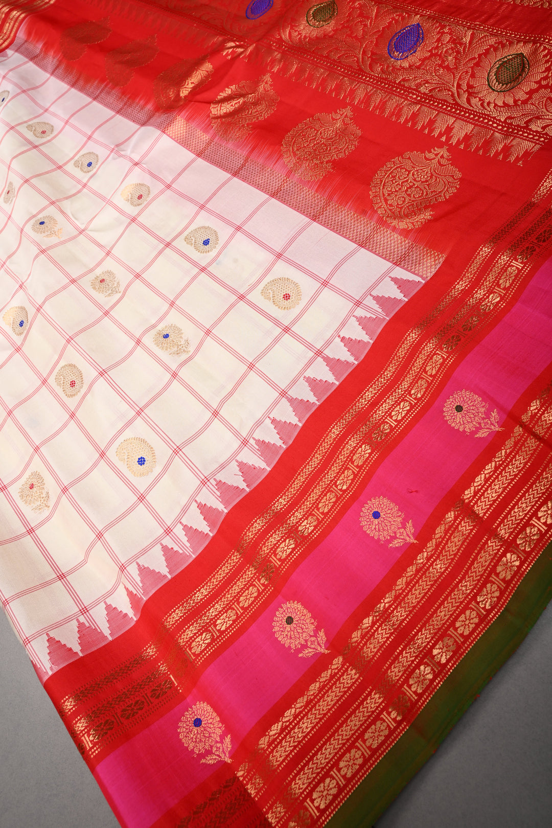 Off White Checks Pattern on Pure Gadwal Silk Saree with Meenakari Paisley Buttas and Contrast 2 tone Zari Border | SILK MARK CERTIFIED | SHOBITAM