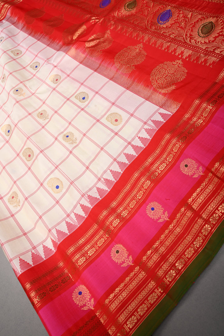 Off White Checks Pattern on Pure Gadwal Silk Saree with Meenakari Paisley Buttas and Contrast 2 tone Zari Border | SILK MARK CERTIFIED | SHOBITAM