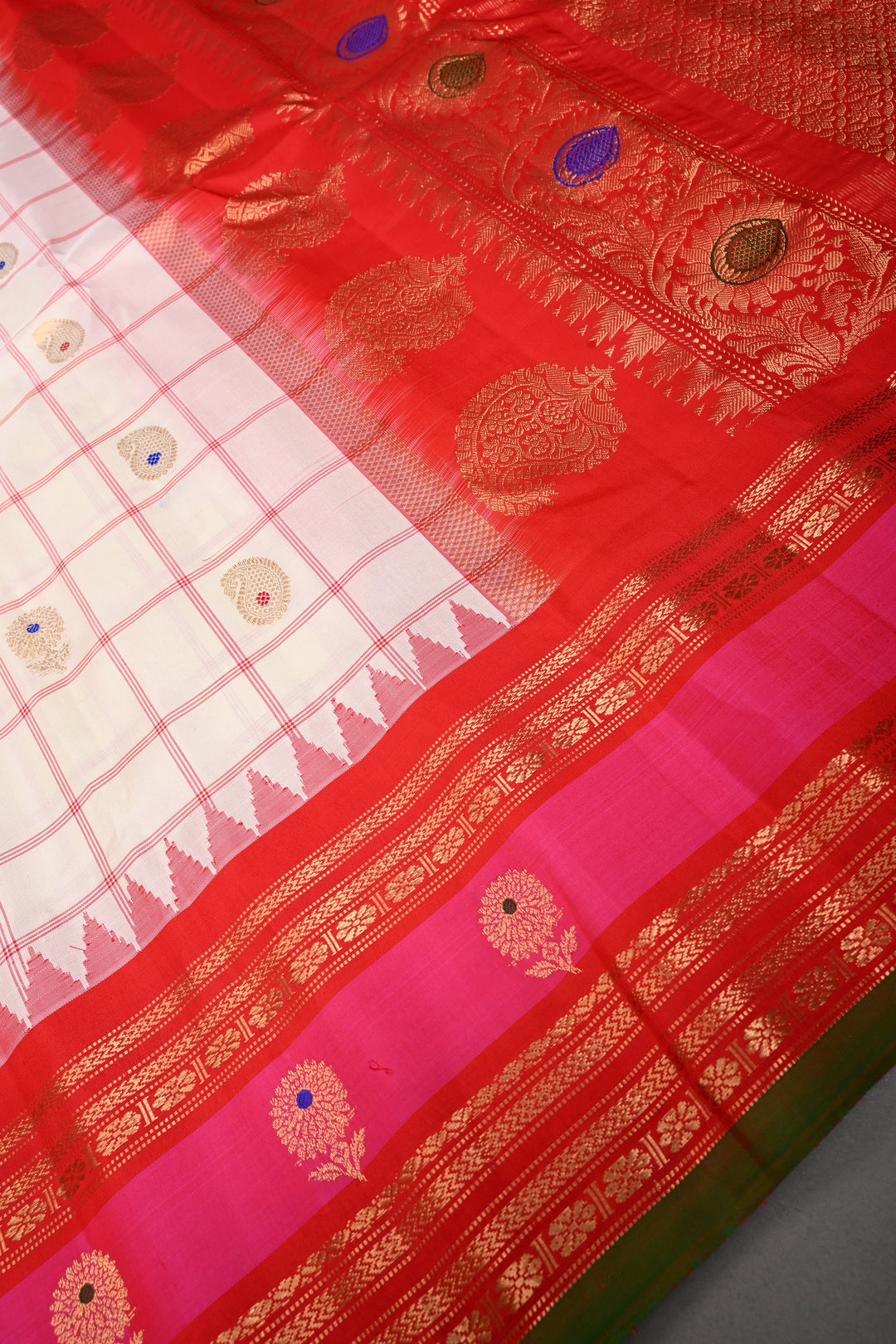 Off White Checks Pattern on Pure Gadwal Silk Saree with Meenakari Paisley Buttas and Contrast 2 tone Zari Border | SILK MARK CERTIFIED | SHOBITAM