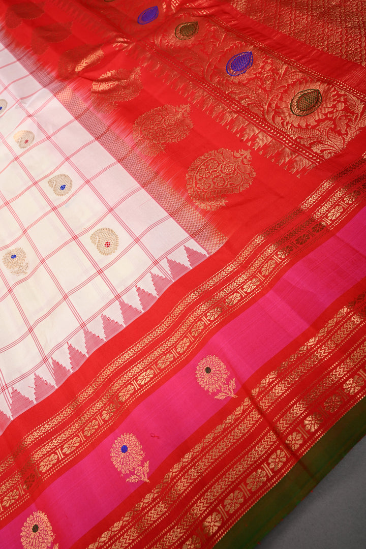 Off White Checks Pattern on Pure Gadwal Silk Saree with Meenakari Paisley Buttas and Contrast 2 tone Zari Border | SILK MARK CERTIFIED | SHOBITAM