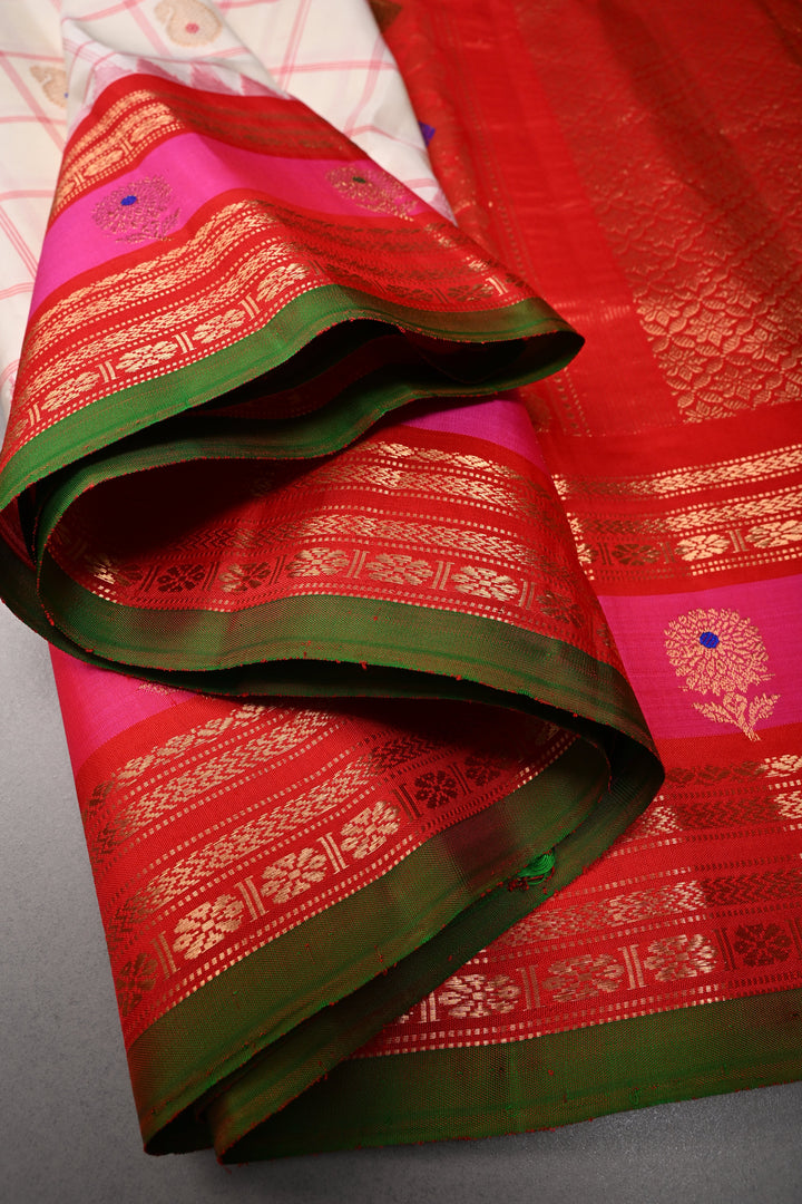 Off White Checks Pattern on Pure Gadwal Silk Saree with Meenakari Paisley Buttas and Contrast 2 tone Zari Border | SILK MARK CERTIFIED | SHOBITAM
