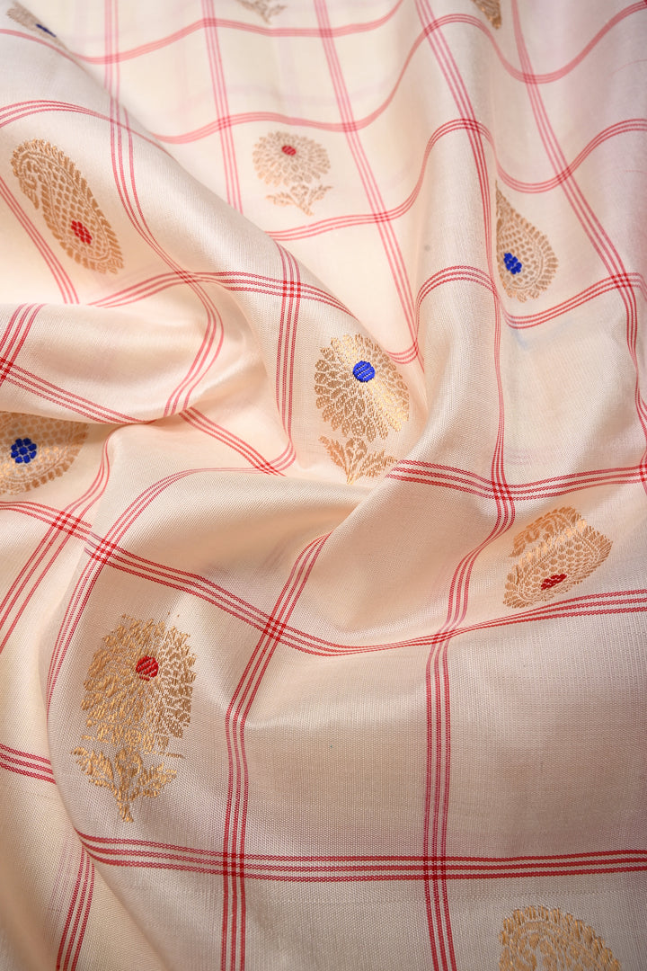 Off White Checks Pattern on Pure Gadwal Silk Saree with Meenakari Paisley Buttas and Contrast 2 tone Zari Border | SILK MARK CERTIFIED | SHOBITAM