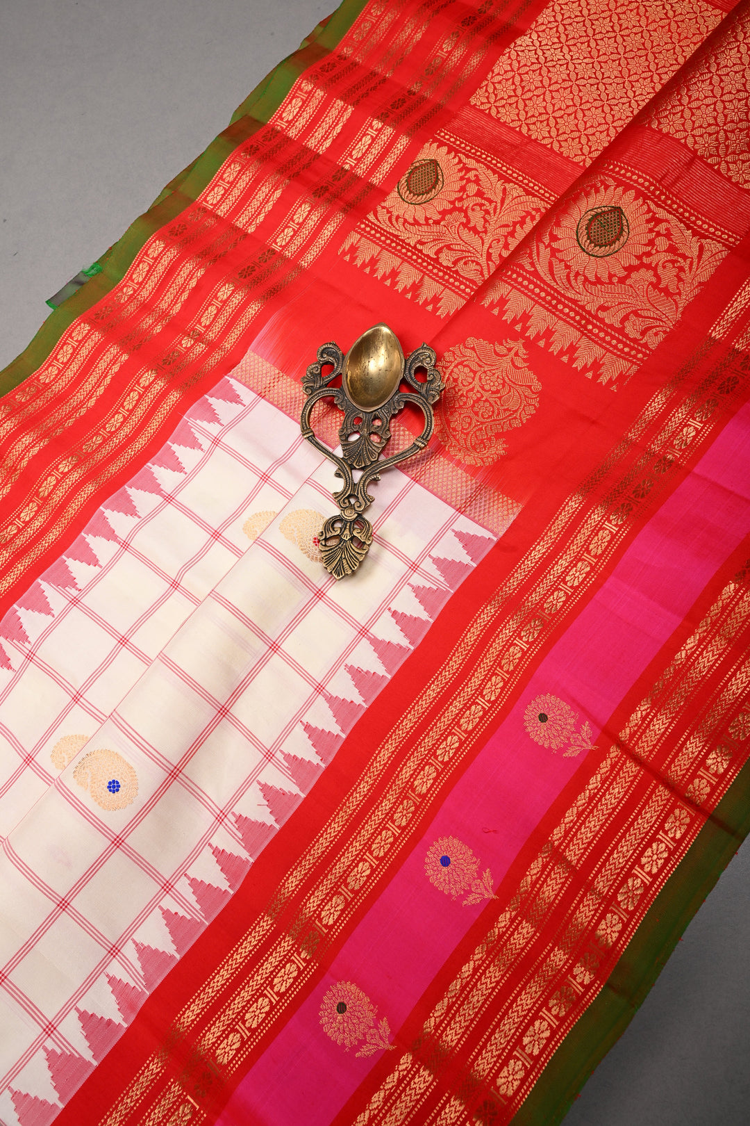 Off White Checks Pattern on Pure Gadwal Silk Saree with Meenakari Paisley Buttas and Contrast 2 tone Zari Border | SILK MARK CERTIFIED | SHOBITAM