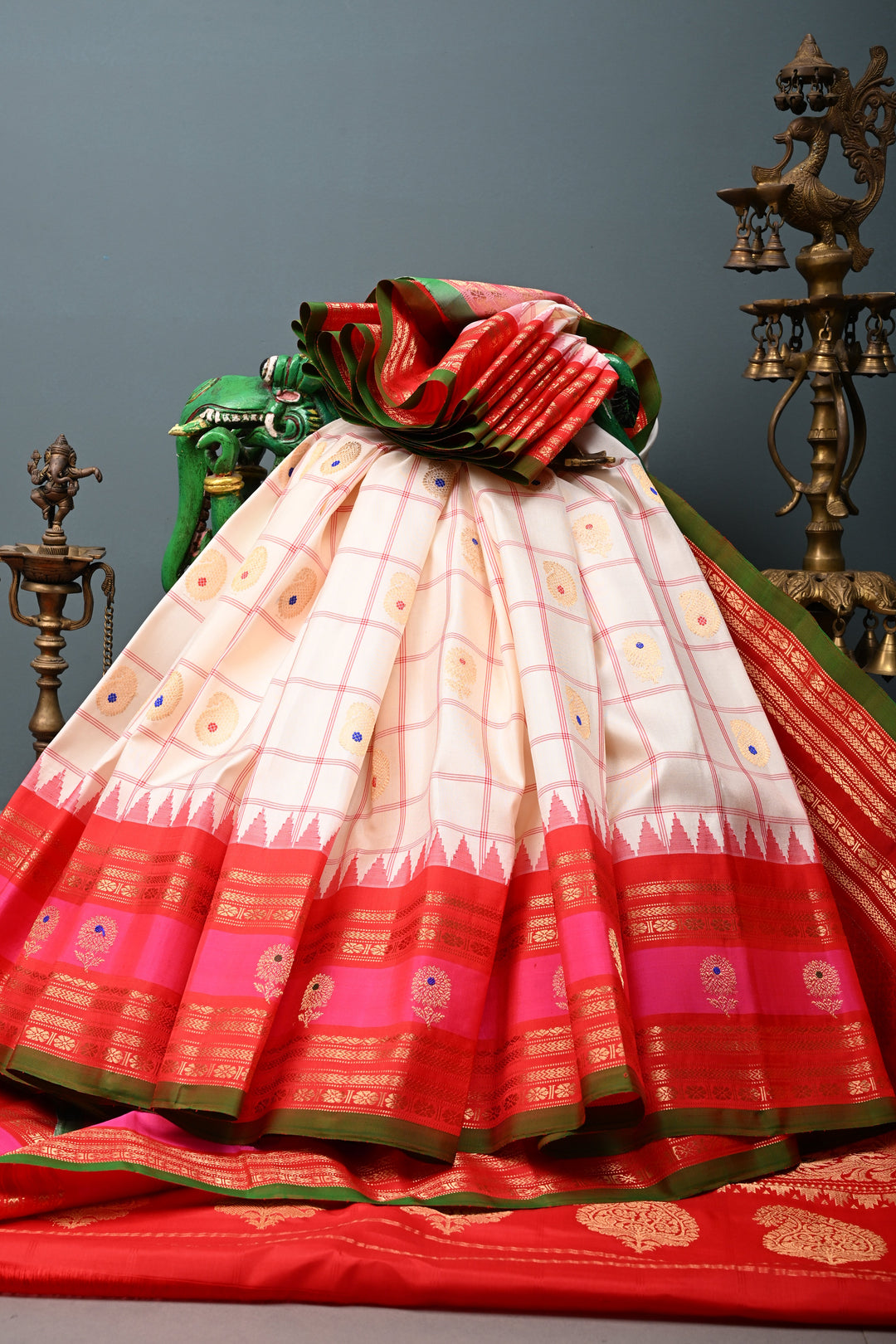 Off White Checks Pattern on Pure Gadwal Silk Saree with Meenakari Paisley Buttas and Contrast 2 tone Zari Border | SILK MARK CERTIFIED | SHOBITAM