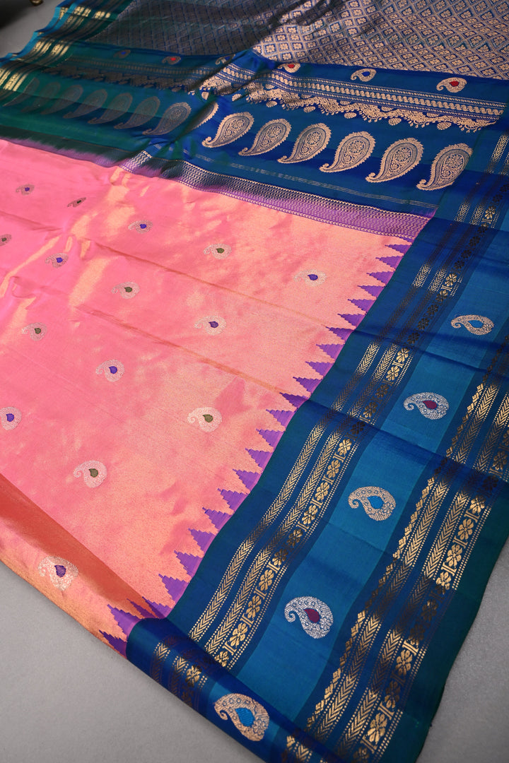Coral Pink Pure Gadwal Tissue Silk Saree with Meenakari Paisley Buttas and Contrast Zari Border | SILK MARK CERTIFIED | SHOBITAM