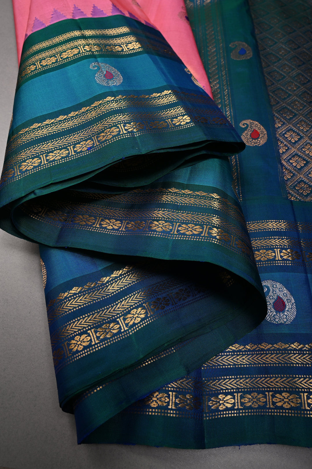 Coral Pink Pure Gadwal Tissue Silk Saree with Meenakari Paisley Buttas and Contrast Zari Border | SILK MARK CERTIFIED | SHOBITAM