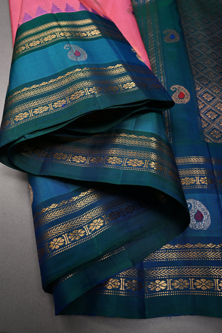 Coral Pink Pure Gadwal Tissue Silk Saree with Meenakari Paisley Buttas and Contrast Zari Border | SILK MARK CERTIFIED | SHOBITAM
