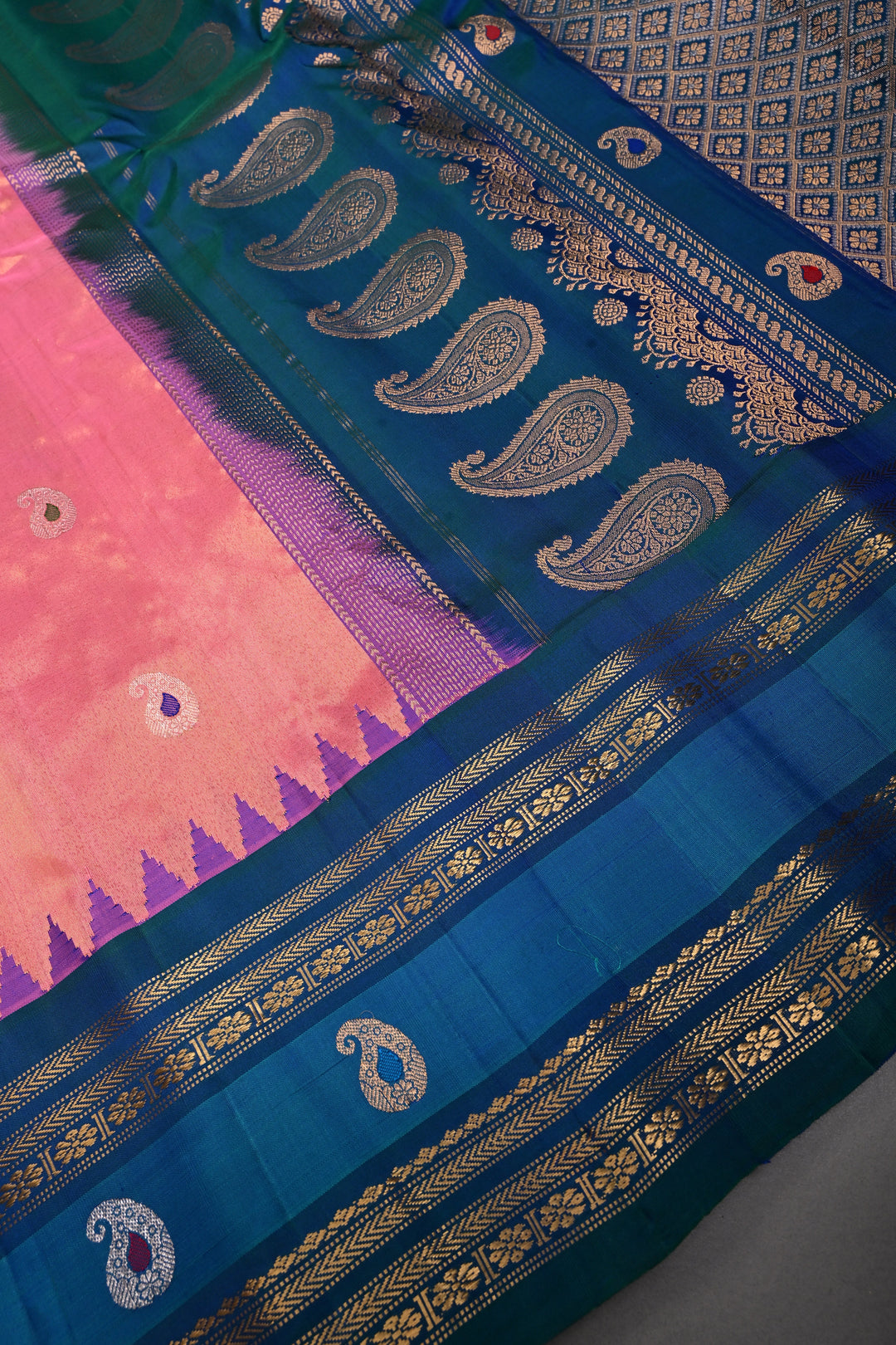 Coral Pink Pure Gadwal Tissue Silk Saree with Meenakari Paisley Buttas and Contrast Zari Border | SILK MARK CERTIFIED | SHOBITAM