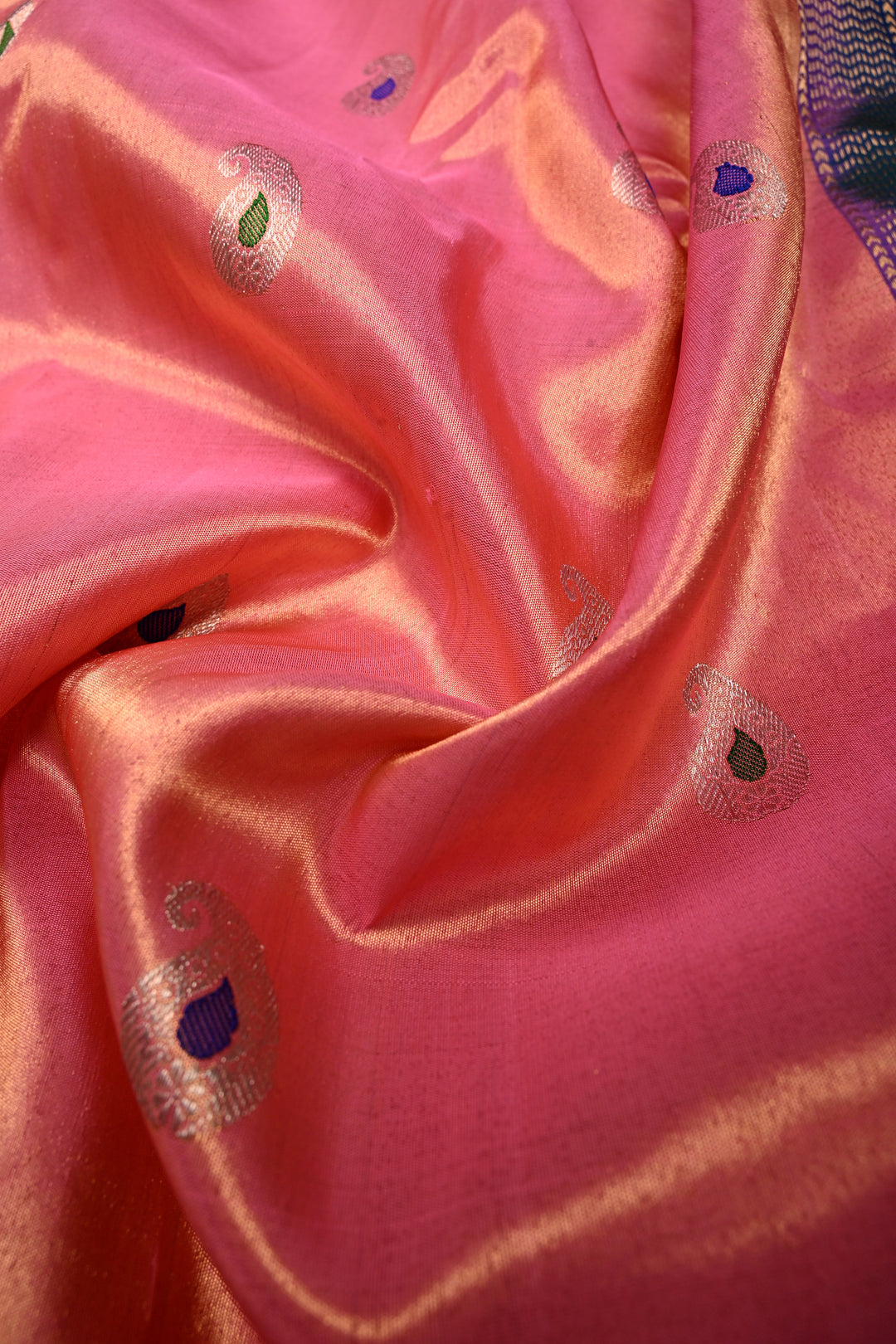 Coral Pink Pure Gadwal Tissue Silk Saree with Meenakari Paisley Buttas and Contrast Zari Border | SILK MARK CERTIFIED | SHOBITAM