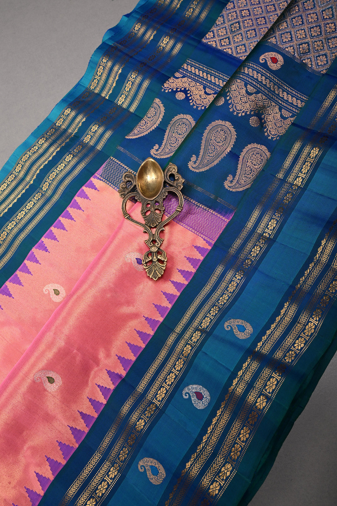 Coral Pink Pure Gadwal Tissue Silk Saree with Meenakari Paisley Buttas and Contrast Zari Border | SILK MARK CERTIFIED | SHOBITAM