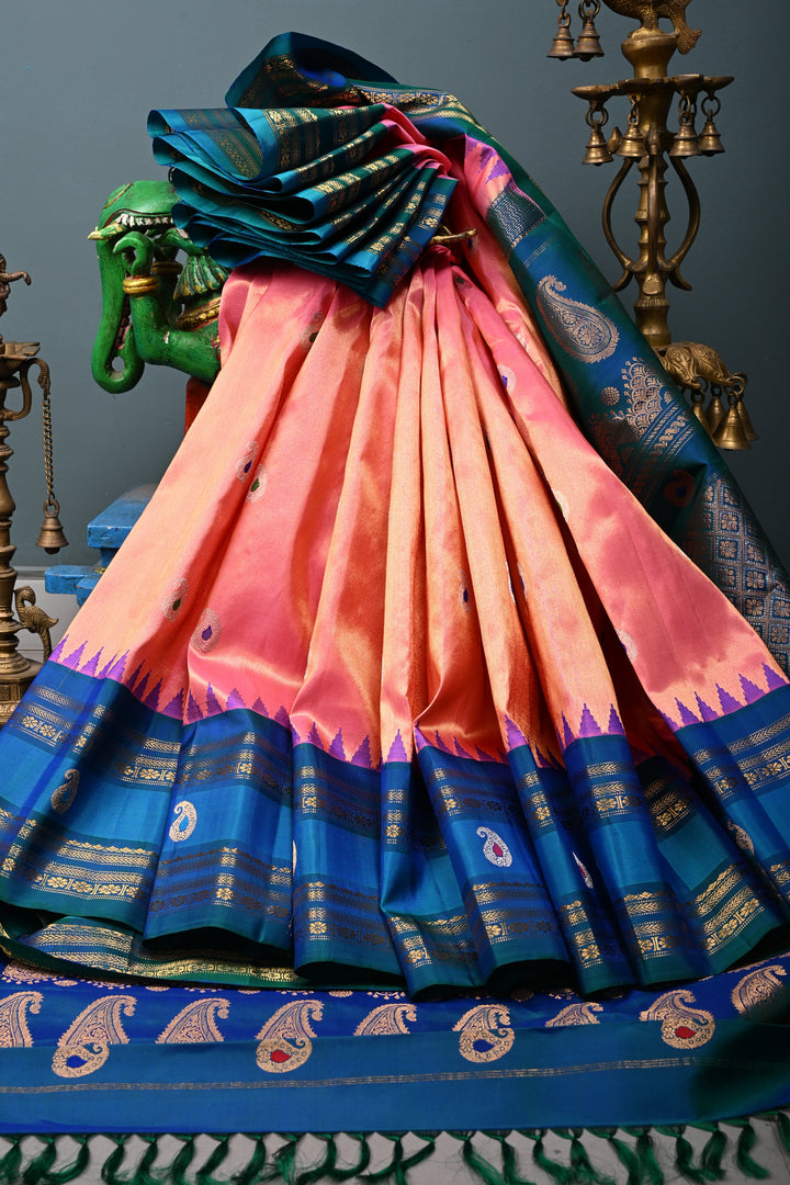 Coral Pink Pure Gadwal Tissue Silk Saree with Meenakari Paisley Buttas and Contrast Zari Border | SILK MARK CERTIFIED | SHOBITAM