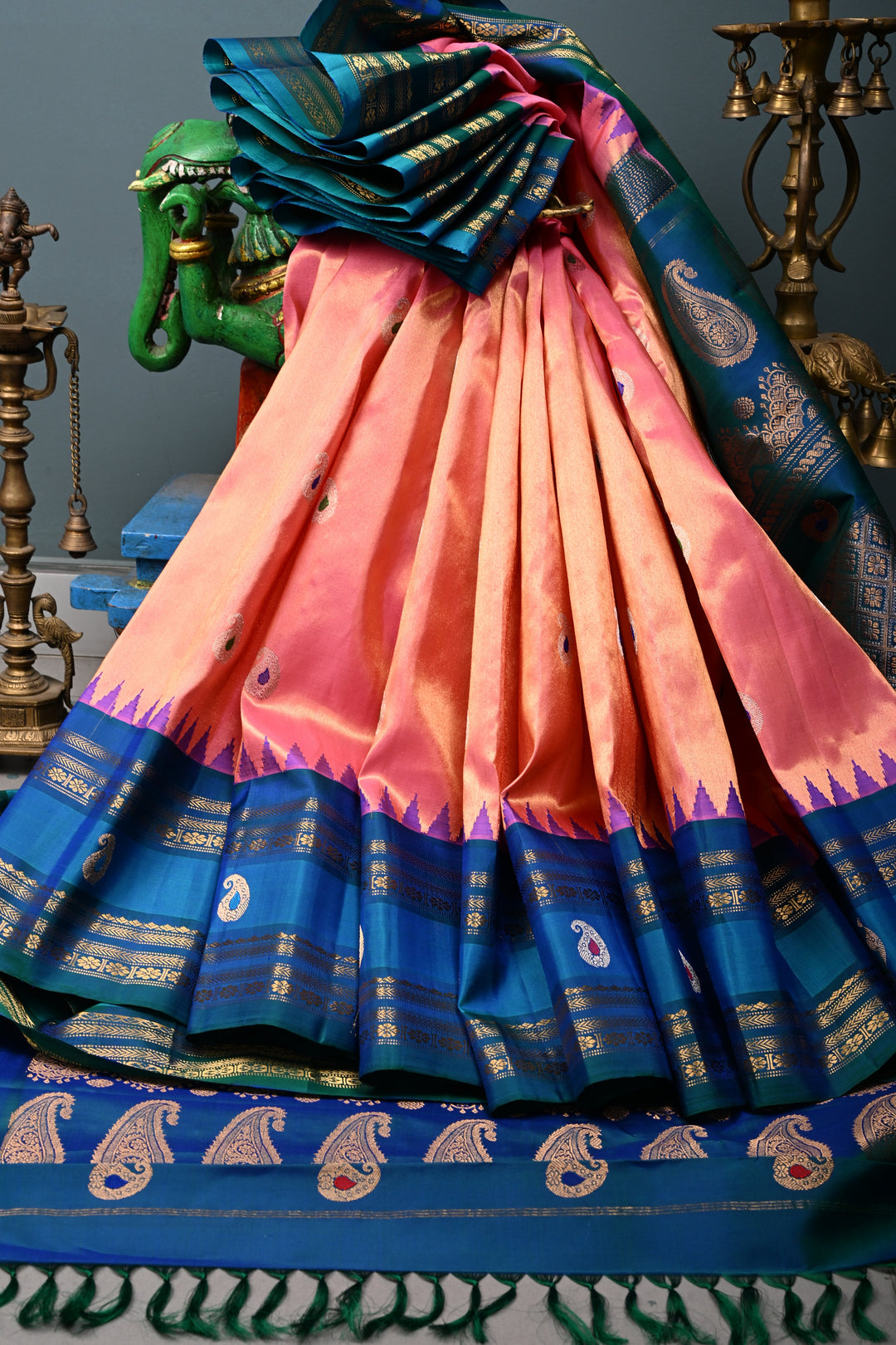 Coral Pink Pure Gadwal Tissue Silk Saree with Meenakari Paisley Buttas and Contrast Zari Border | SILK MARK CERTIFIED | SHOBITAM