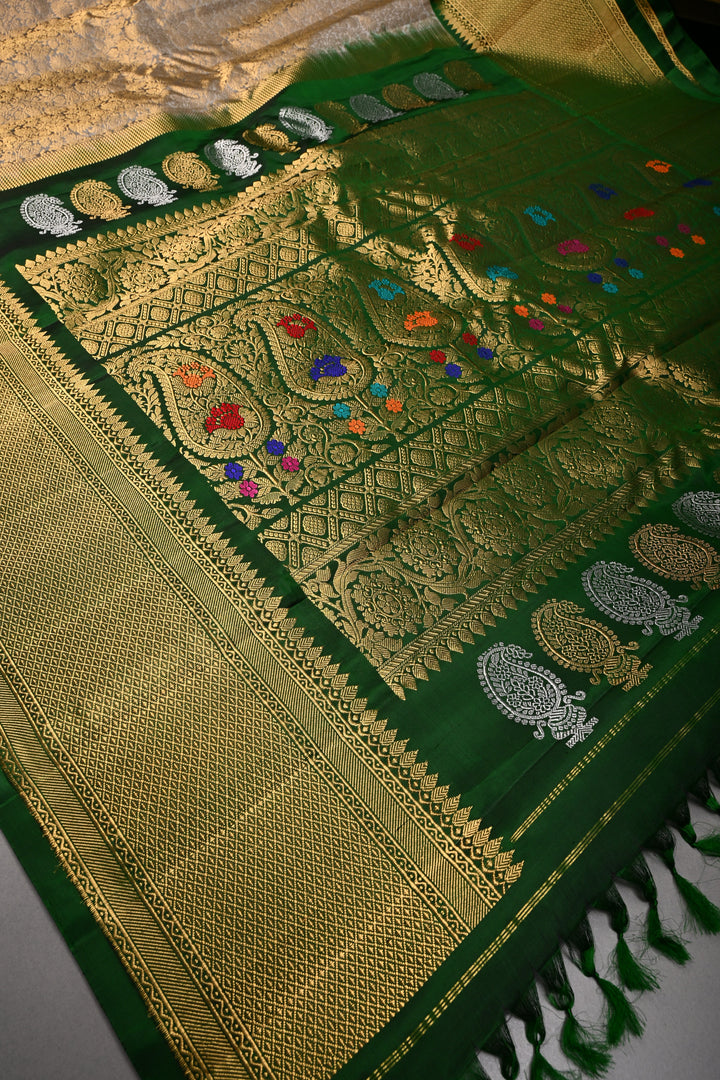 Gray Pure Gadwal Silk Saree with Zari Brocade Jaal and Contrast Wide Zari Border | SILK MARK CERTIFIED | SHOBITAM