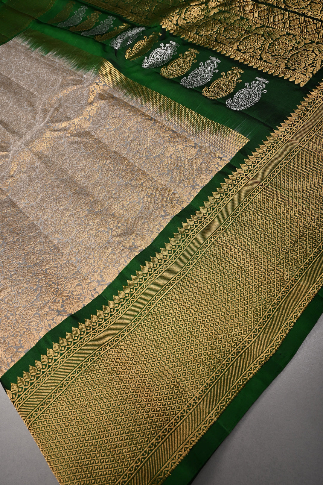 Gray Pure Gadwal Silk Saree with Zari Brocade Jaal and Contrast Wide Zari Border | SILK MARK CERTIFIED | SHOBITAM